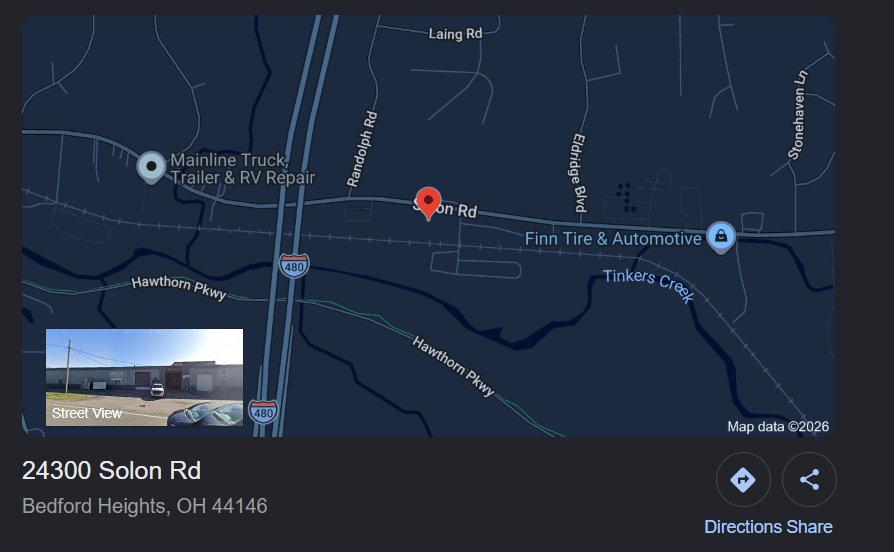 Map showing NuTek Machinery location at 24300 Solon Road STE I, Bedford OH 44146, near I-480 in the Greater Cleveland industrial corridor